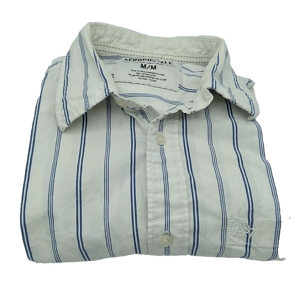 Aeropostale A87 Medium Men's White Striped Button Up Long Sleeve Shirt Cotton